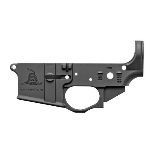 Spike's Tactical Stripped AR-15 Forged Lower Receiver, Gadsden Logo "Don't Tread On Me" (left)