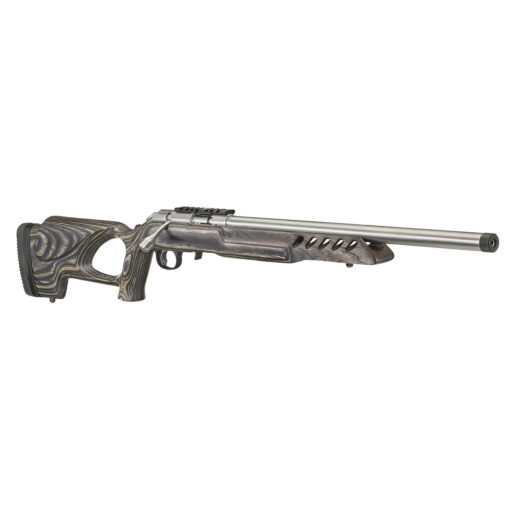 Ruger American Rimfire Target Bolt-Action Rifle, 22LR, 18", 10rd, Stainless, Black Laminate (right-angle-front)